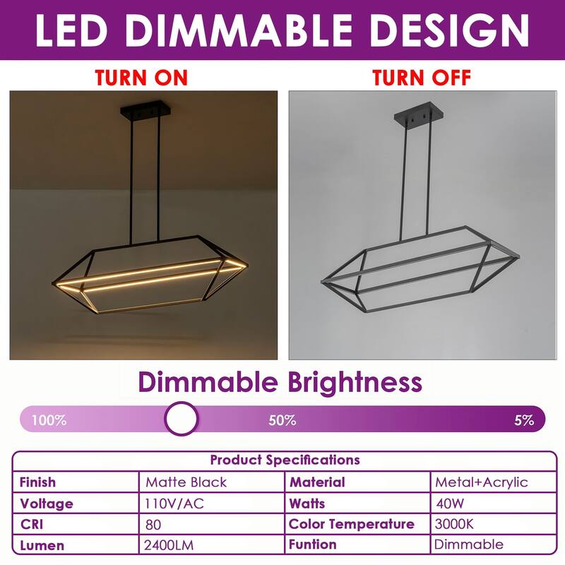 Modern Black Geometric Linear Kitchen Island Pendant Light Dimmable Integrated LED Chandelier - 36 in. L