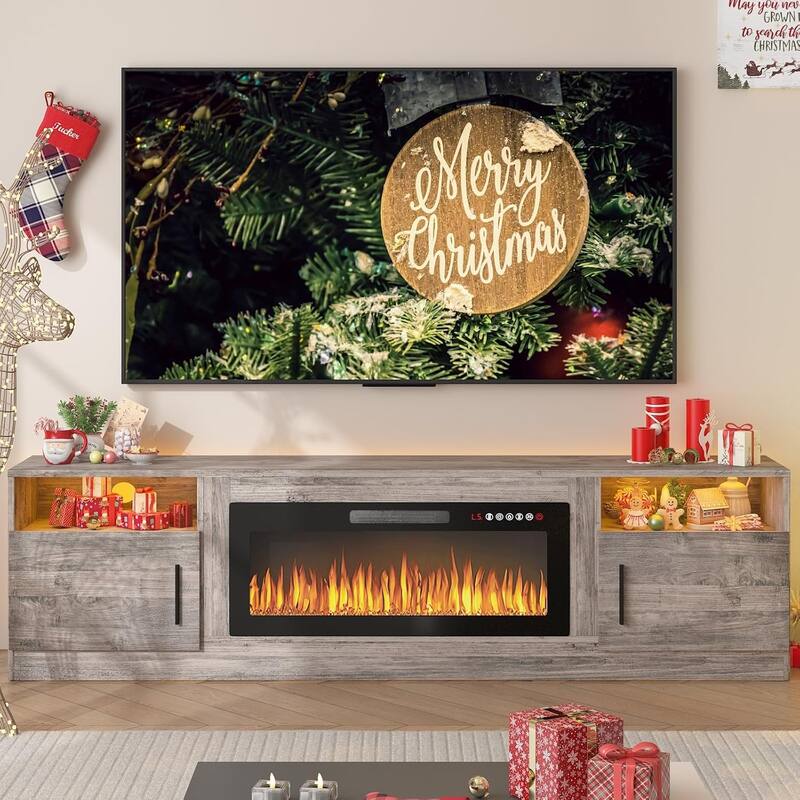 Bossin 80" Fireplace TV Stand with 36" Electric Fireplace, TV Stand for TVs Up to 90", 16 Colors LED Lights/Entertainment Center