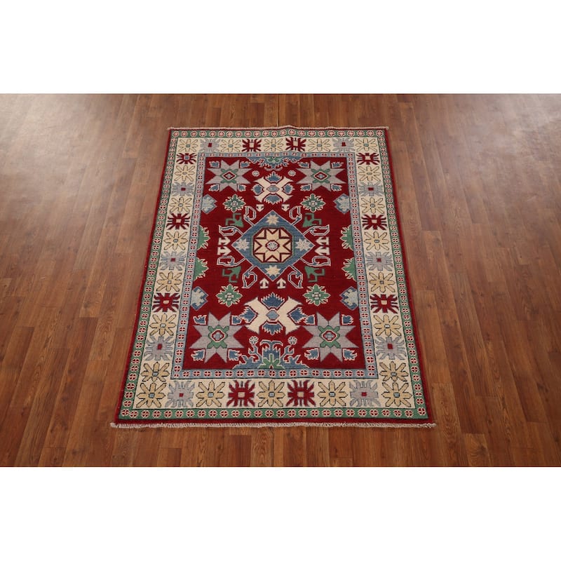 Red Kazak Oriental Rug Hand-Knotted Wool Carpet - 4'0" x 5'8"