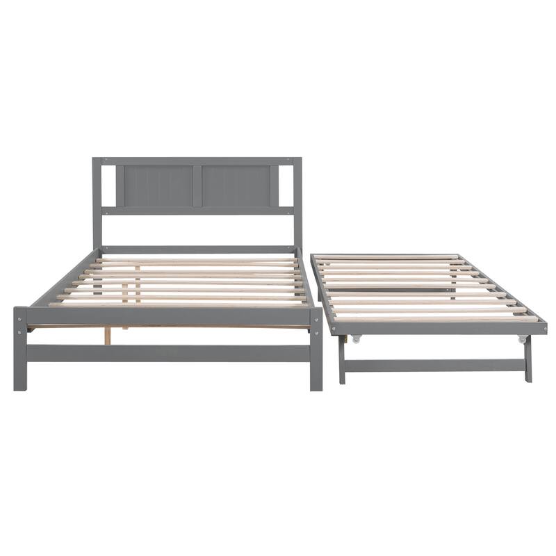 Full Size Platform Bed with Adjustable Trundle in Gray