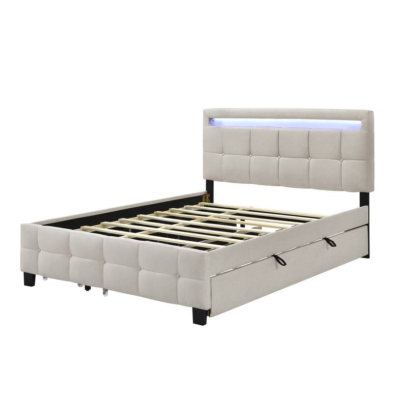 HomeRoots Beige Tufted Upholstered Lighted Queen Bed Frame With Trundle And USB And Drawers