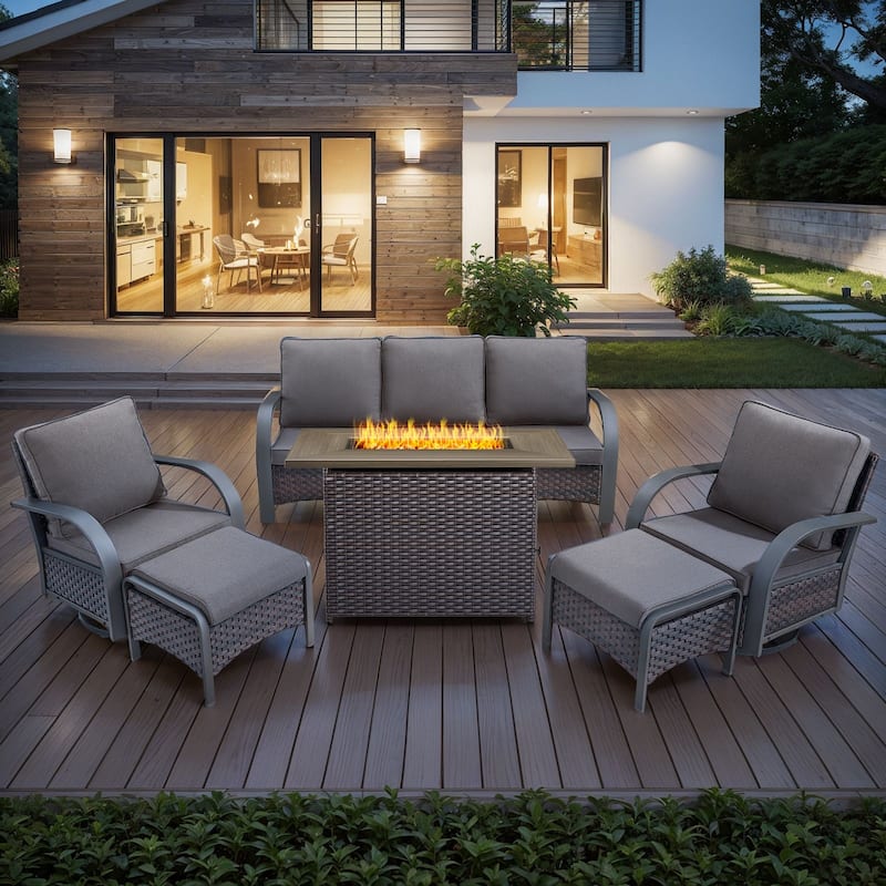 6 Pieces Patio Fire Pit Table with Sofa Chairs Set - Grey cushion - Brown - Grey - Brown