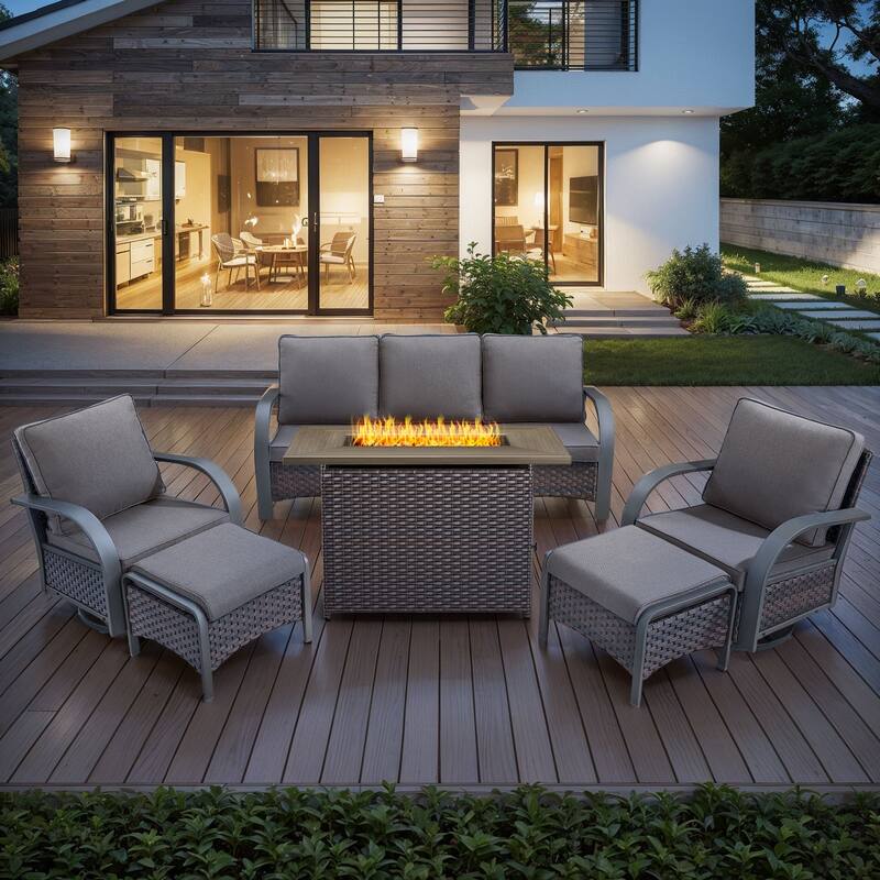 6 Pieces Patio Sofa with Fire Pit Table, Swivel Chair Ottoman - Grey - Brown