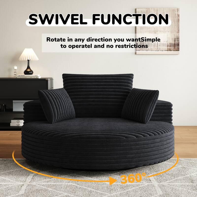Oversized Swivel Accent Chair, Corduroy Round Lounge Sofa Chair, Upholstered Reading Armchair with Back Cushion & 2 Pillows