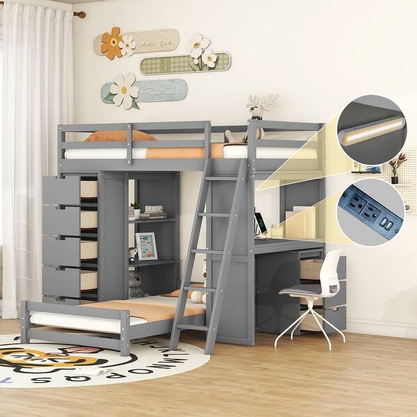 slide 2 of 32, Twin Over Twin Bunk Bed with Desk, Drawers, LED Light, USB Ports and Storage Shelves Grey - Twin