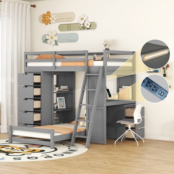 slide 2 of 20, Twin Over Twin Bunk Bed with Desk, LED Light and USB Ports, Solid Wood Bunk Bed Frame with Storage Drawers and Bookcase Shelves Grey - Twin