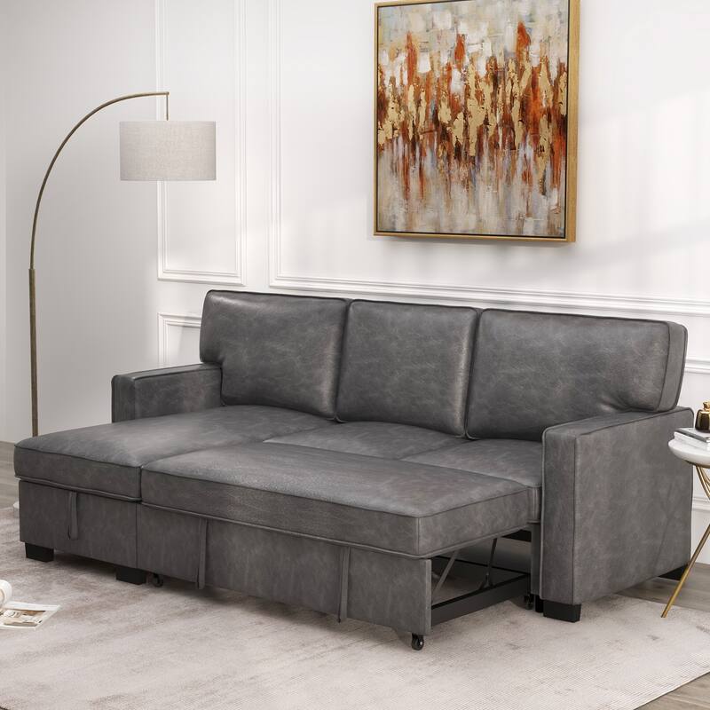 Pull Out Couch Futon Bed with USB Ports and Cup Holders ,Sectional Sofa with Storage Chaise