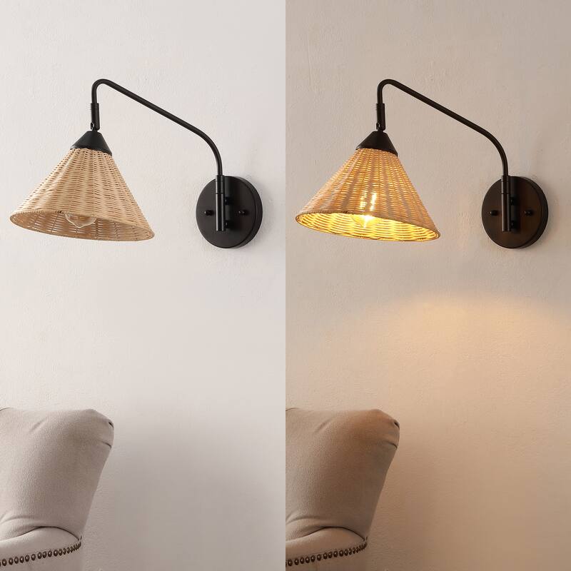 Lily 11" 1-Light Vintage Coastal Rattan/Metal Swing Arm LED Sconce, Black/Natural, by JONATHAN Y