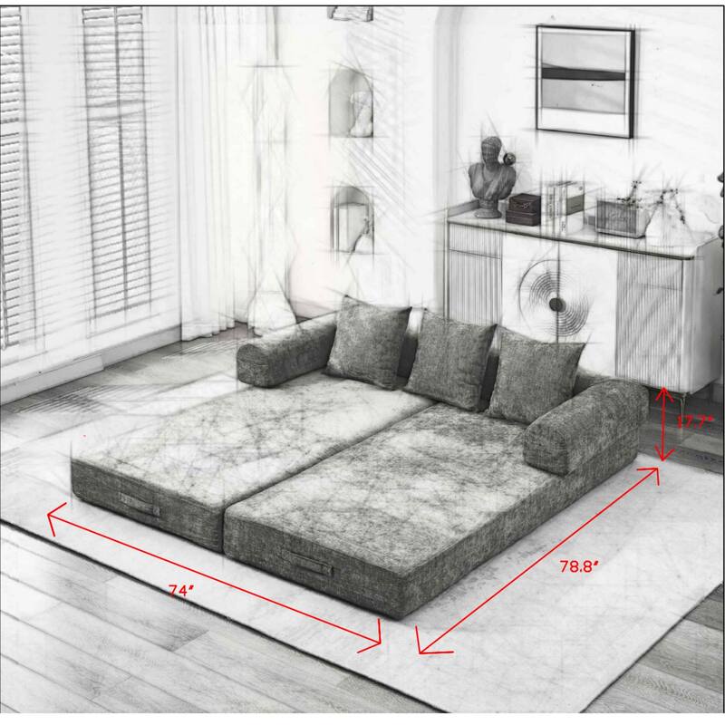 Chenille Folding Sofa Floor Sleeper Bed Chaise Lounger Couch 3-in-1 Comfy Mattress with Reversible Arm Pillows and Non-slip Pad