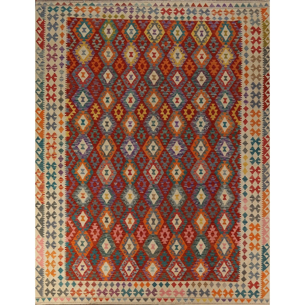All-Over Geometric Kilim Oriental Area Rug Hand-Woven Wool Carpet - 9'2"x 11'3"