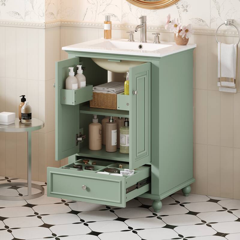 24" Bathroom Vanity with Ceramic Sink, Freestanding Storage Cabinet with Soft-Closing Doors & Drawer Dividers