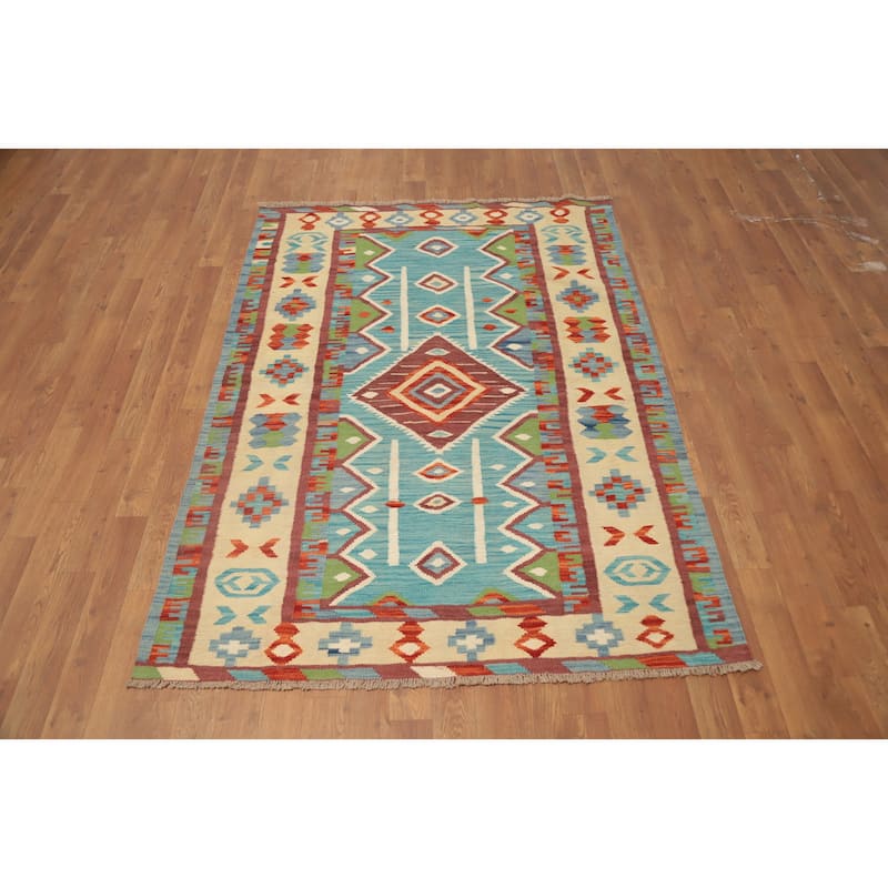 Hand Woven Oriental 100% Wool Carpet Southwestern Tribal Navy Blue & Blues Kilim Area Rug - 5' 9'' X 4' 1''