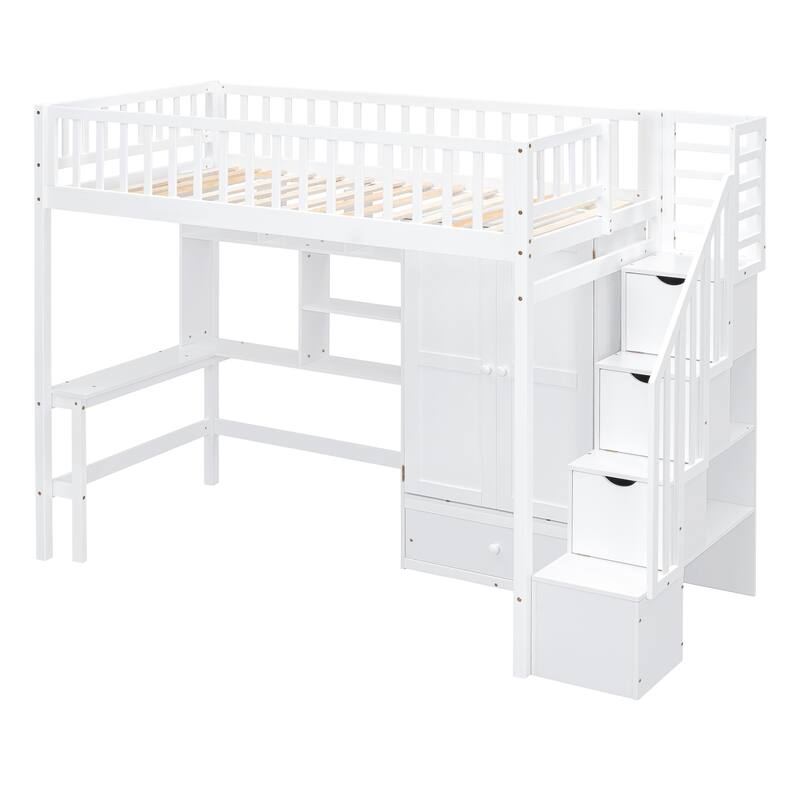 White Twin Loft Bed with Bookshelf, Drawers, Desk & Wardrobe - Space-Saving Study & Storage Solution