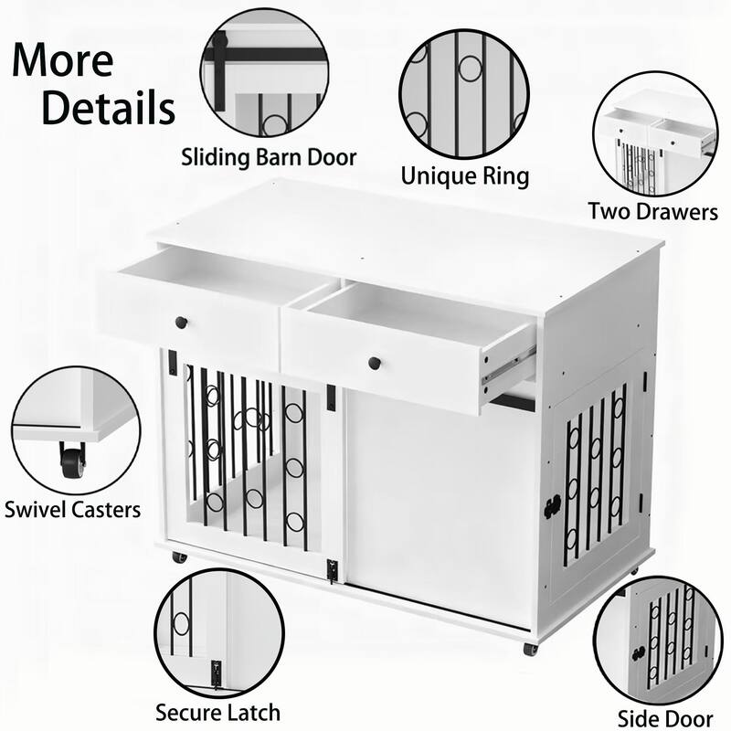 39.37'' Wooden Dog Crate Furniture with 2 Drawers, Sliding Barn Door, Lockable Wheels