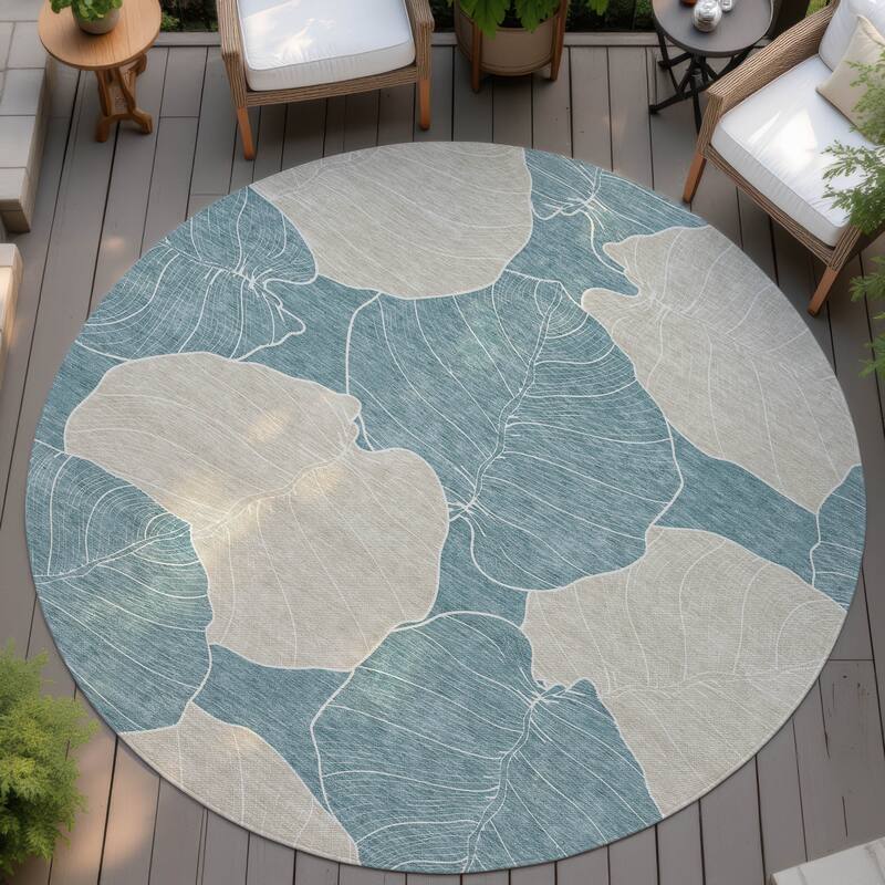 Machine Washable Indoor/ Outdoor Tropical Floral Chantille Rug - Teal - 8' x 8'