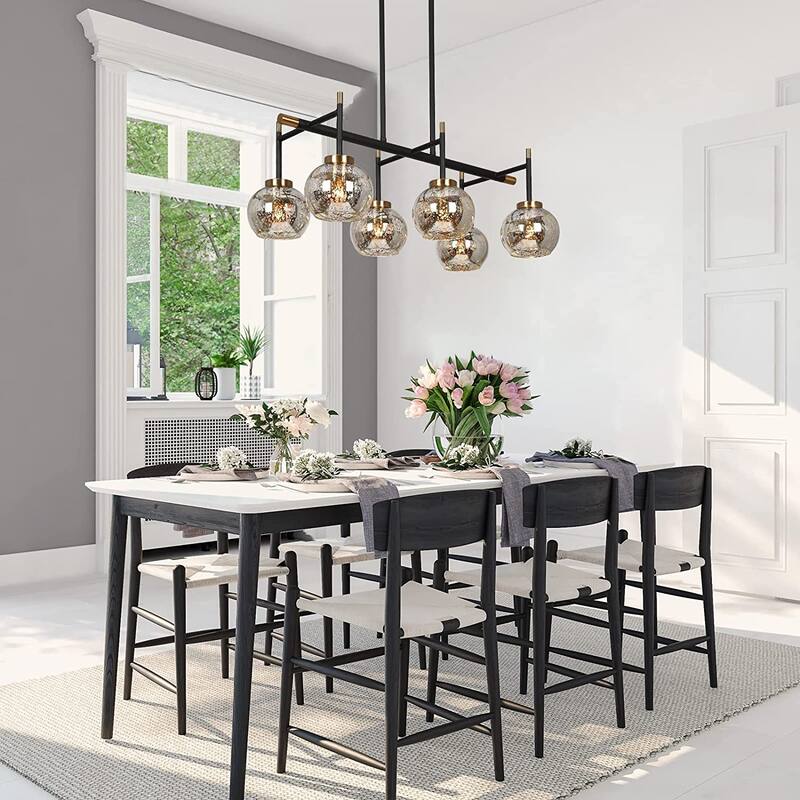 Modern Farmhouse 6-Light Black Gold Linear Chandelier Island Lights with Mercury Glass - 27.5" L x 14.5" W x 10" H