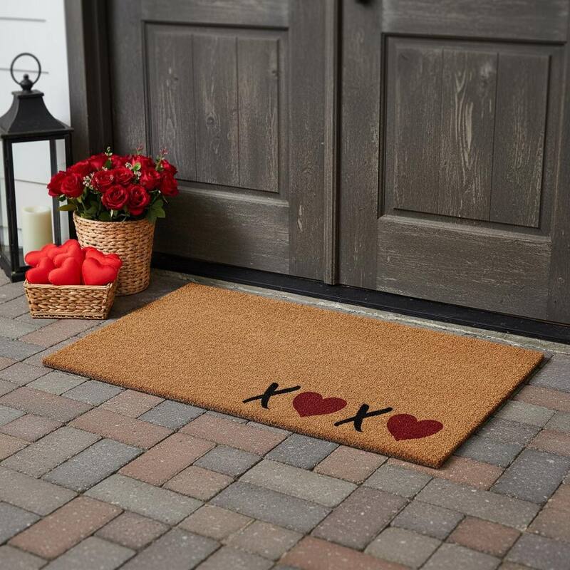 HomeRoots 36" X 72" Brown Black And Red Valentine's Day Heart XOXO Outdoor Coir Door Mat - 36.00' X '72.00 - 36.00' X '72.00