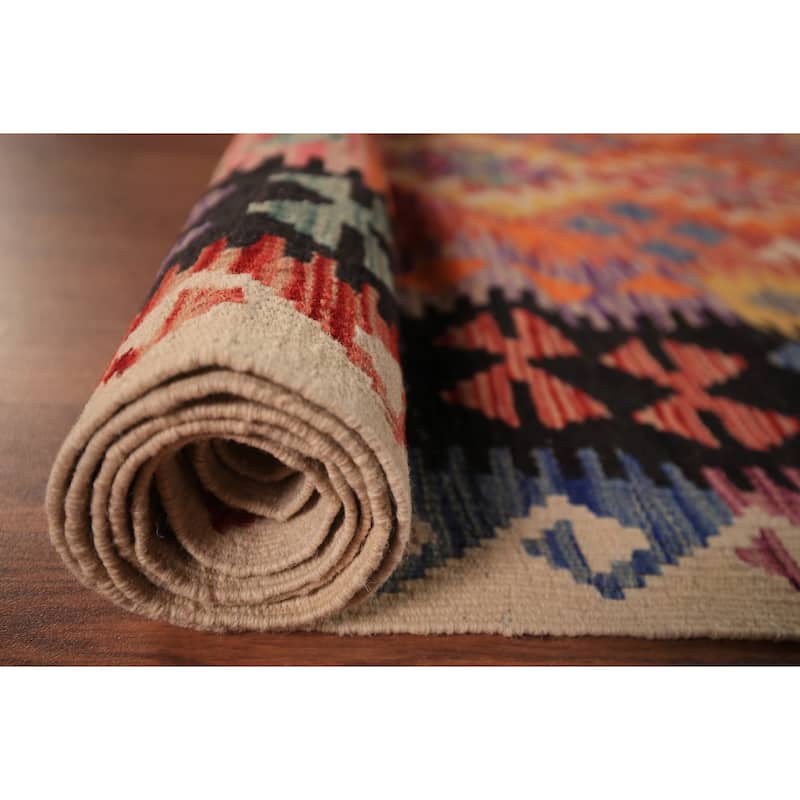 Orange Geometric Kilim Oriental Area Rug Flatweave Wool Carpet - 8'3" x 11'8"