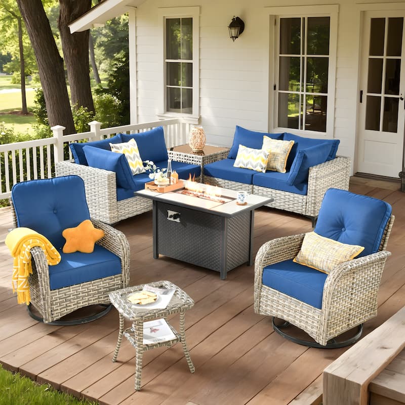 XIZZI 9-piece Patio Furniture Outdoor Wicker Chair Set with Fire Table