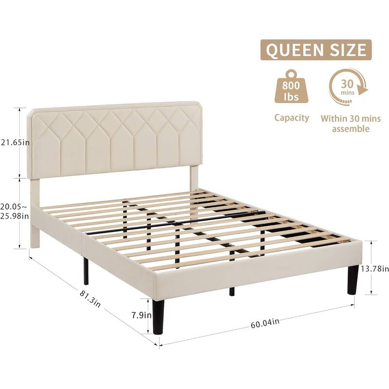 VECELO Adjustable Height Velvet Upholstered Bed Diamond Tufted Headboard with 7.8" Underbed Storage No Box Spring Needed
