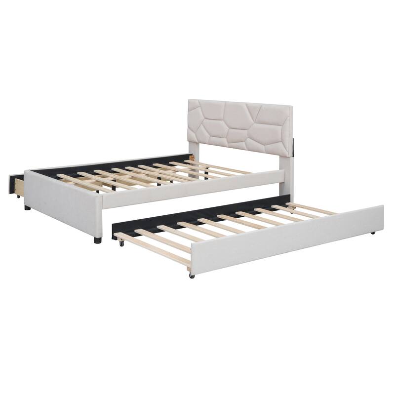 Full/Queen Size Upholstered Platform Bed with Stylish Brick Pattern Headboard, Trundle & 2 Drawers, Linen Fabric Comfort