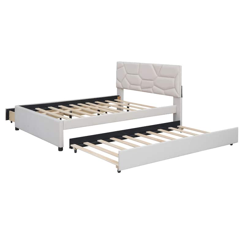 Full Size Upholstered Platform Bed with Brick Headboard, Twin Trundle, 2 Drawers, Beige Linen Fabric