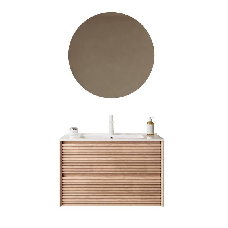 Premium Glossy White Ceramic Sink with Natural Walnut Finish, Soft Close Drawers, and Durable Plywood Cabinet