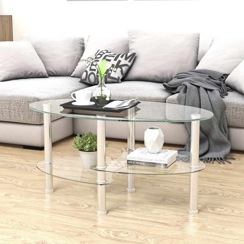 Modern 3-Tier Oval Glass Coffee Table - Transparent
