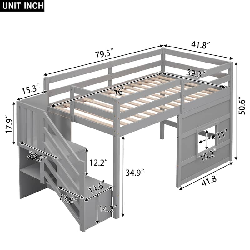Twin Size Loft Bed with Storage Staircase, Window, LED Light and Guardrails, Solid Wood Frame