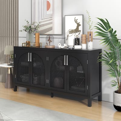 Storage Space Sideboard with Rattan Door and Metal Handles for Dining Room