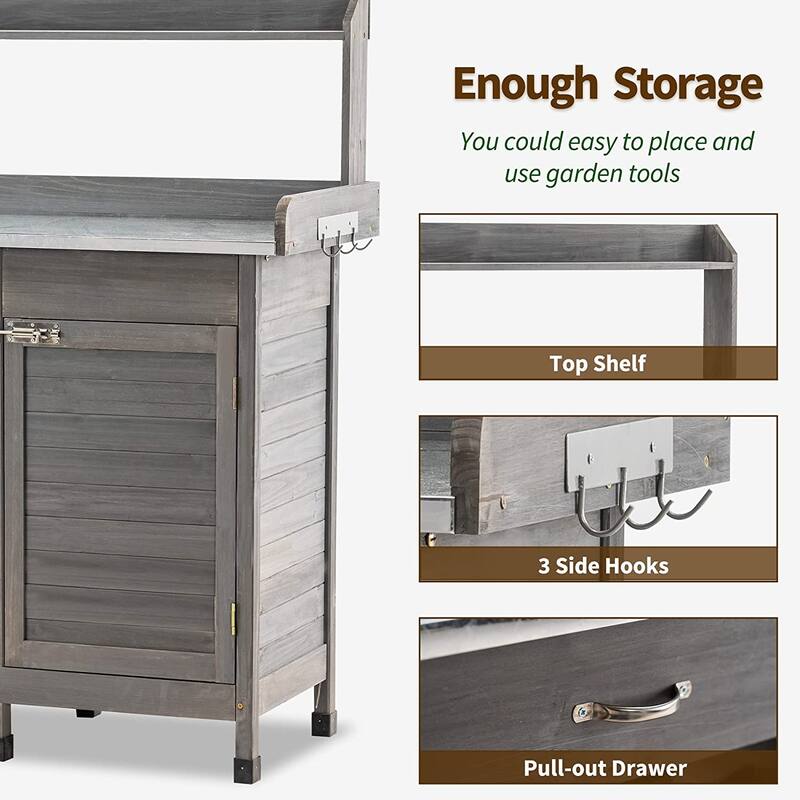 MCombo Potting Bench, Outdoor Garden Wood Potting Table Workstation with Cabinet, Metal Tabletop, Sliding Drawer, Open Shelf