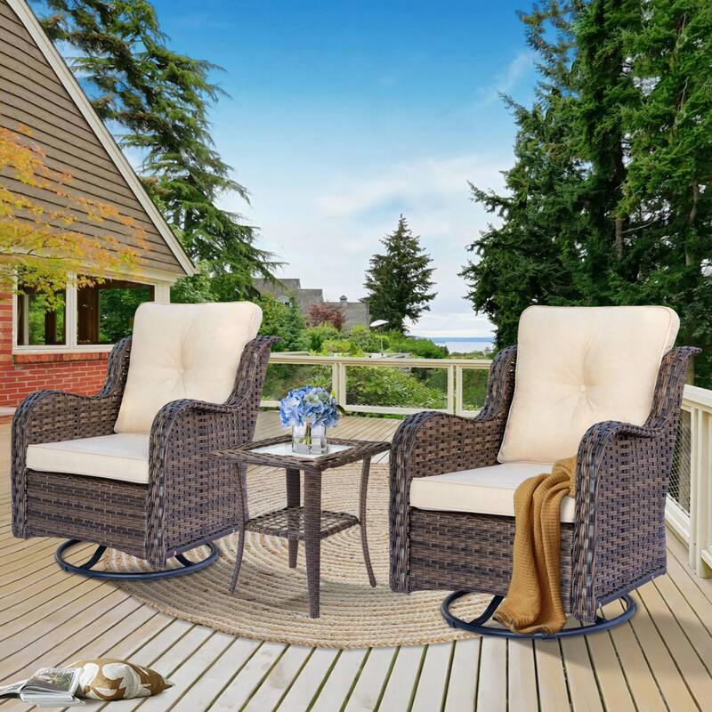 High Back Wicker Patio Furniture Outdoor Swivel Chair Set with Cushion - 3 Piece - Cream/Brown Wicker