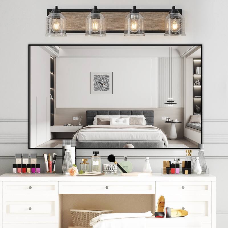 32" Farmhouse Vanity Light Fixture, 4-Light Bathroom Wall Sconce with Clear Seeded Glass Shades, Black and Wood Grain Finish