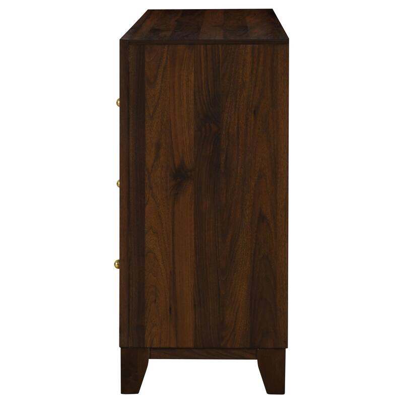 Yels Wide Dresser with 6 Drawers, Gold Metal Knobs, Walnut Brown