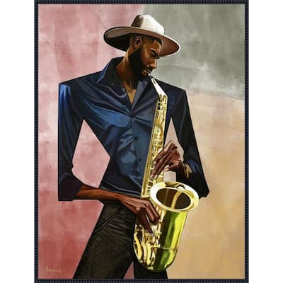Sax Player by Manasseh Johnson sr Framed Canvas Wall Art Print - Sylvie Beaded Black