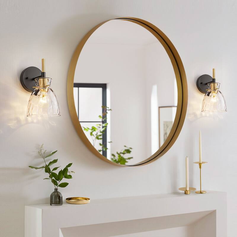 1-Light/3-Light Matte Black and Antique Brass Bathroom Vanity Light with Water-Rippled Glass Shade