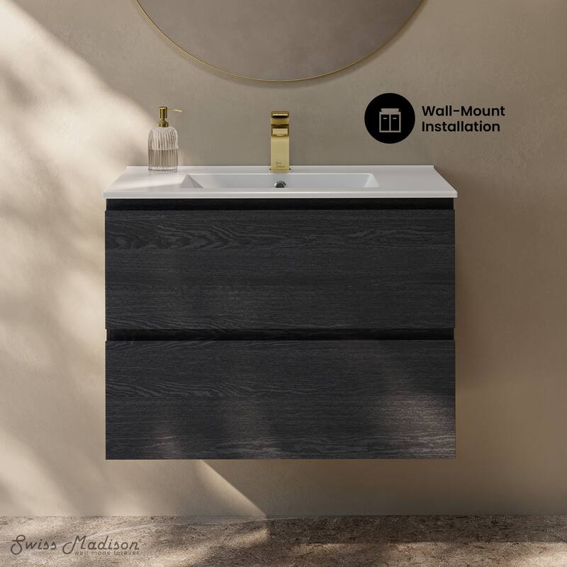 Liberte 30" Wall-Mounted Bathroom Vanity In Black Oak With Sink Top - 30