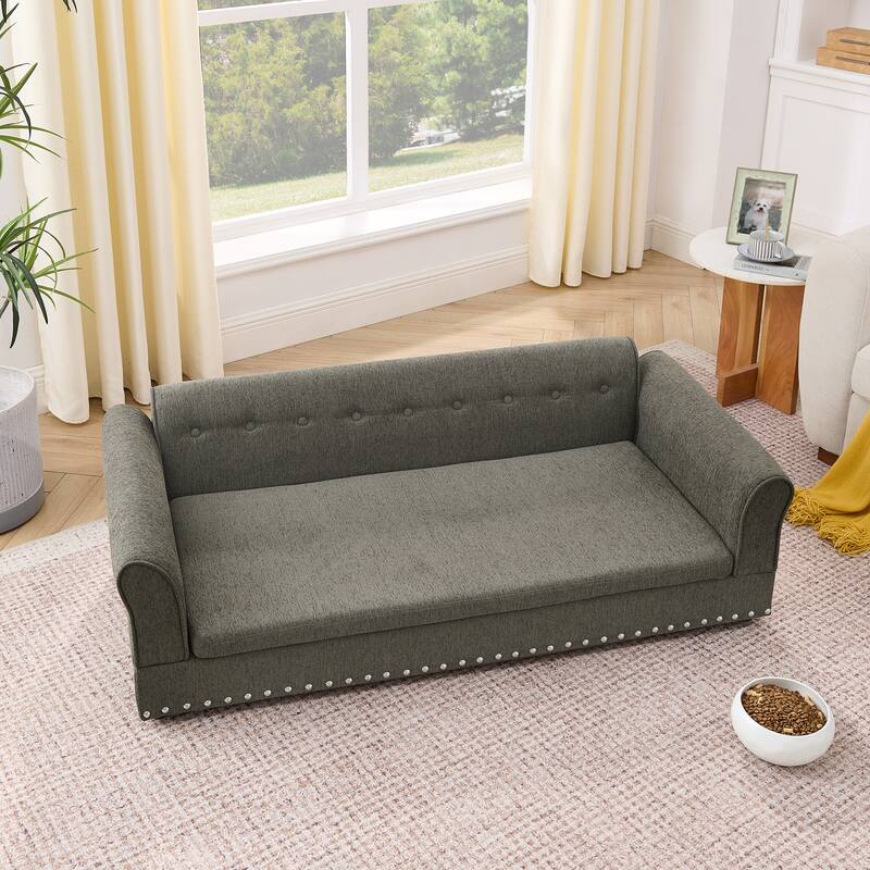 Oversized Pet Sofa, Elegant Modern Linen Fabric Elevated Dog Sofa Bed, Oversized Rectangular Pet Bed with Backrest & Armrest