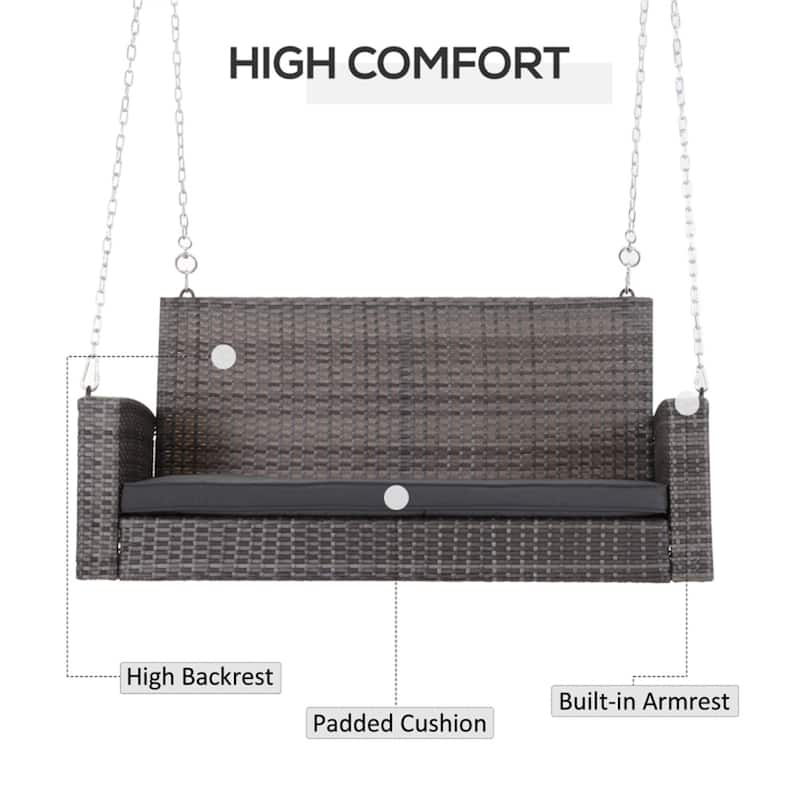Outdoor PE Rattan Porch Swing Bench with Cushion and Chains for 2 Person Hanging Patio Seat - 50" L x 25.5" W x 23.5" H