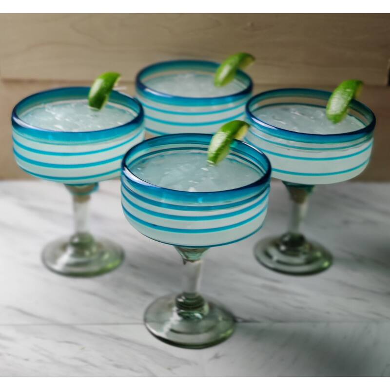 Mexican Hand Blown Glass Set of 4 Hand Blown Margarita Glasses with Aqua Spiral Design