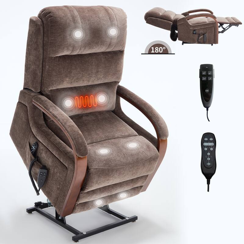 Chenille Power Lift Recliner with Massage & Wood Armrests - Brown
