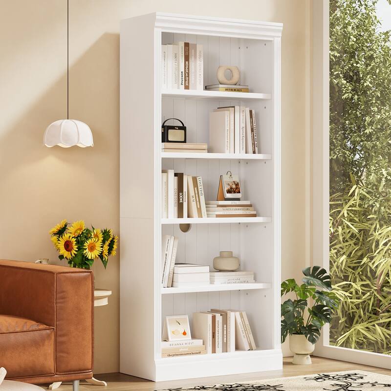 83.4" Tall Wood Bookcase, 5-Tier Adjustable Home Office Bookshelves - White