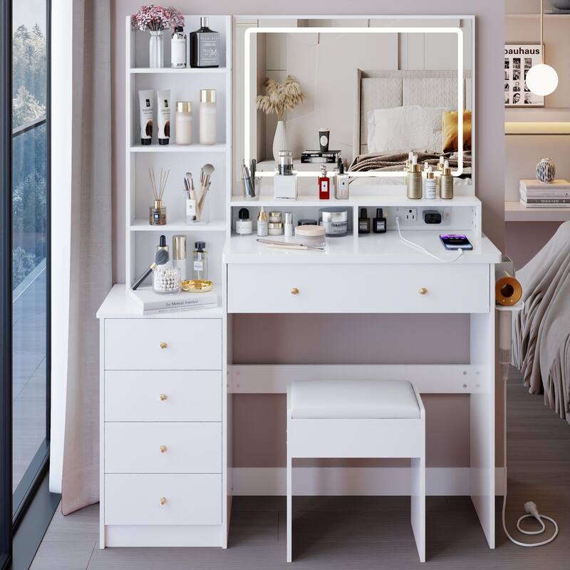 Vanity Desk with Touch Control LED Mirror, Makeup Table with Hair Dryer Stand, Vanity Table Set with Cushioned Stool - White