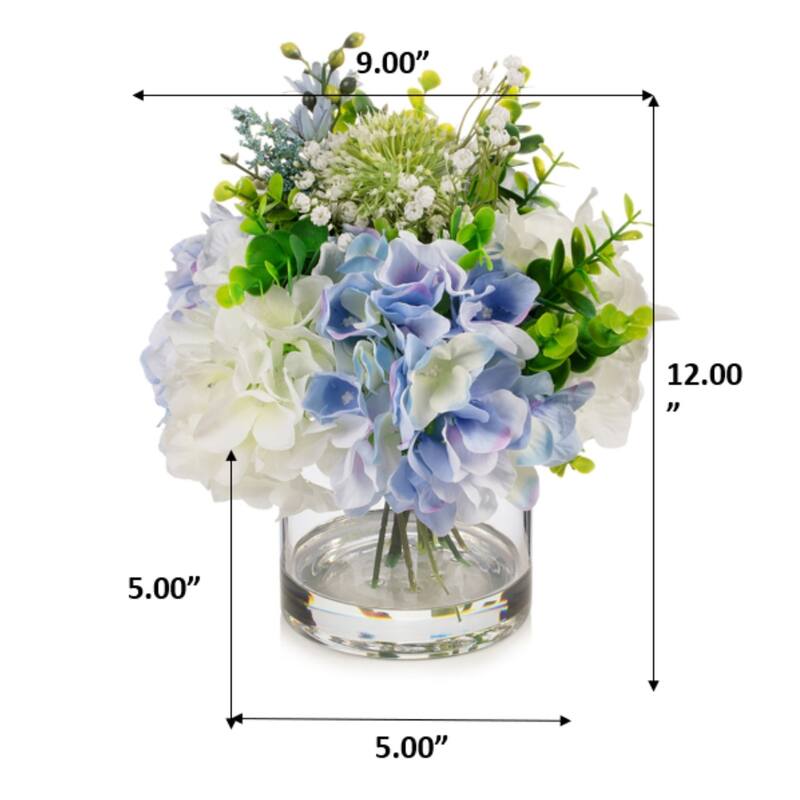 Enova Floral Mixed Artificial Hydrangea Flower Arrangement in Glass Vase For Home Office Wedding Decoration - Cream Blue