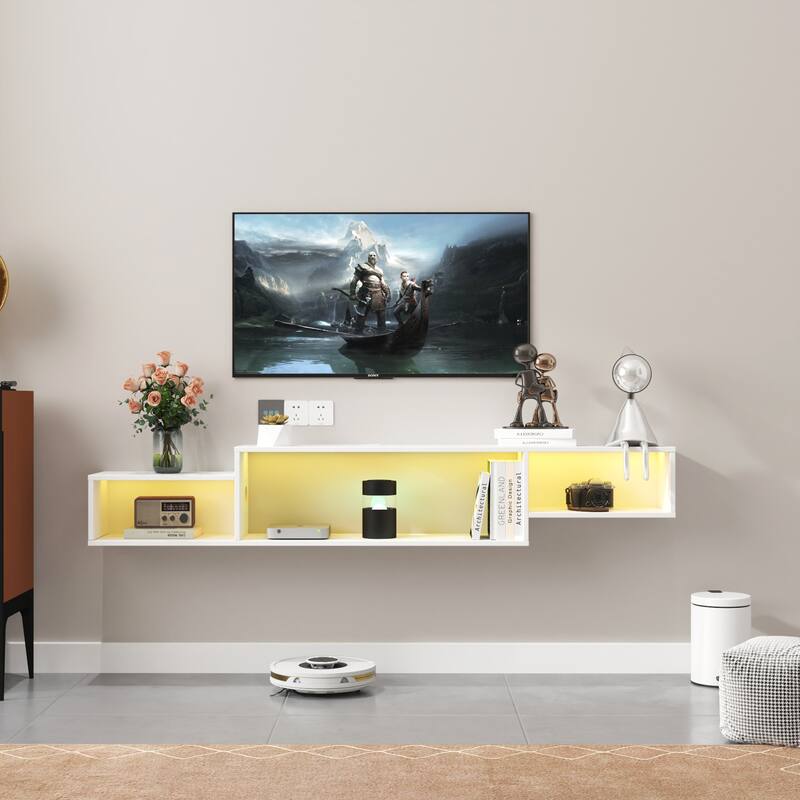 Modern Wall-Mounted Floating TV Stand with 20 Color LEDs and Charging Stations, for Living Room, White. - White