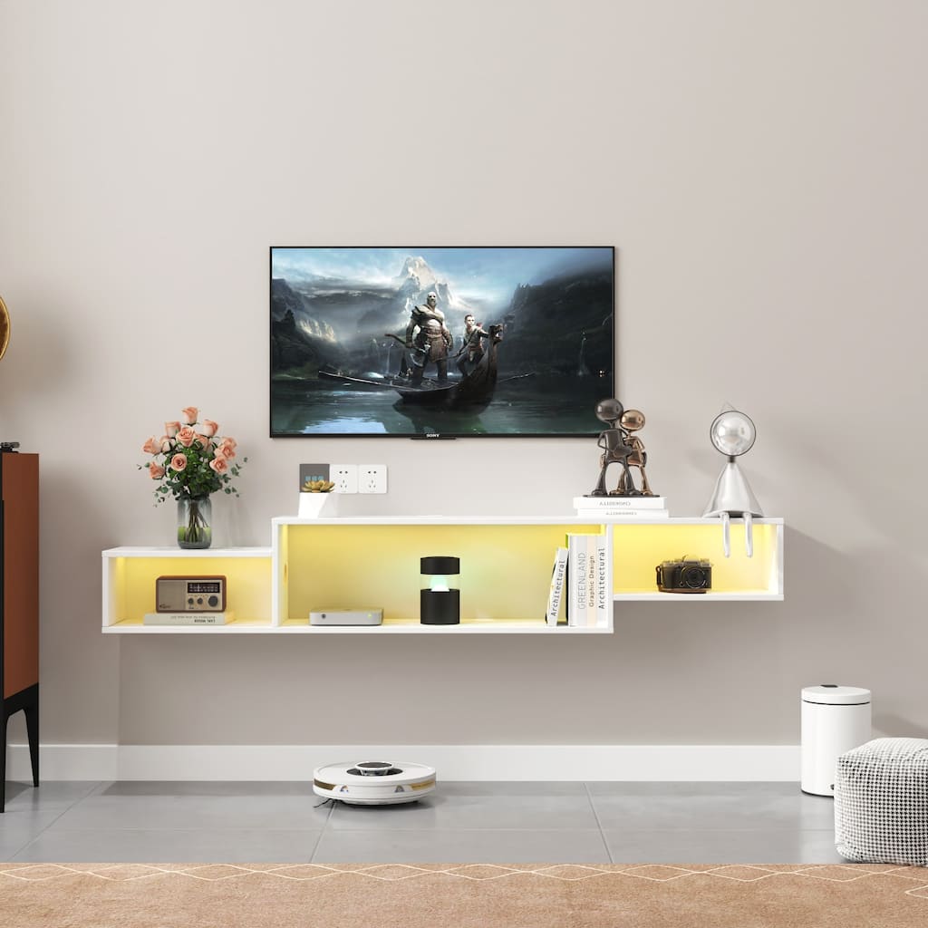 Modern Wall-Mounted Floating TV Stand with 20 Color LEDs and Charging Stations, for Living Room, White.