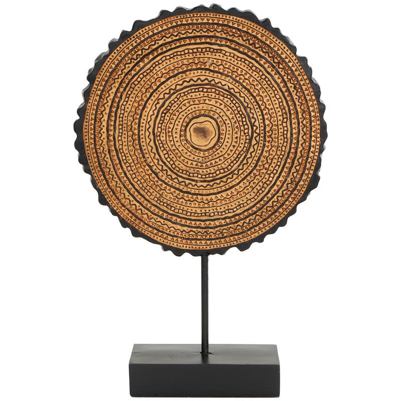 Metal Tribal Carved Circular Sculpture with Black Stand and Wavy Edge - Brown - Roche River Decor - 3"W x 11"L x 17"H