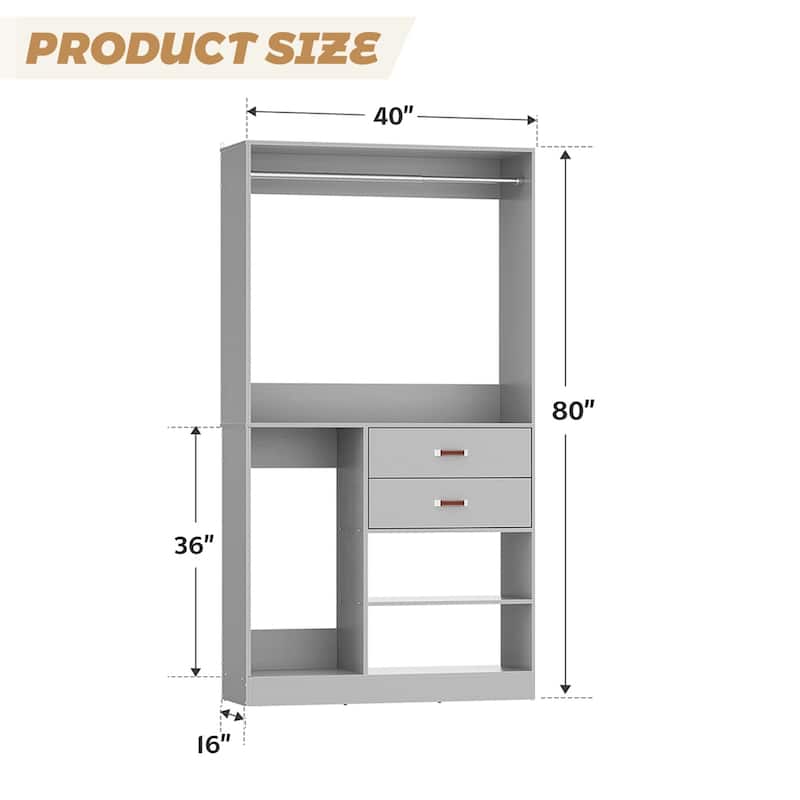 40'' Large Closet System with Shelves and 2 Drawers, Freestanding Closet Organizer with Hanging Rods