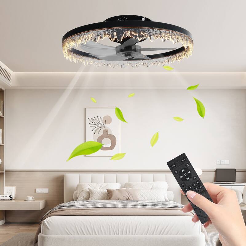 LunaDrift 16"20"24" Modern Black Crystal Smart Flush Mount Ceiling Fan with Light, Dimmable Bedroom Ceiling Fan w/Remote - 20in