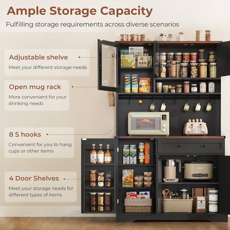 Farmhouse Kitchen Pantry Cabinet Drawer & Doors Adjustable Shelf